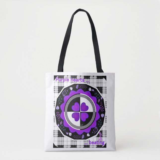 B&W Purple Hearts Beating Tote Bag (Front)