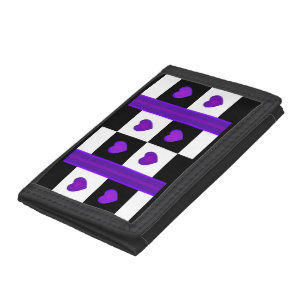 B&W Purple Hearts Beating Tri-fold Wallet