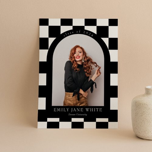 BW Retro Checkered Arch Classic Photo Graduation Invitation