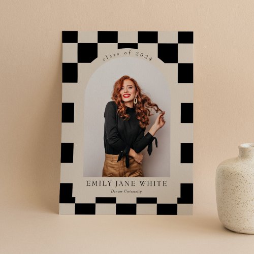 BW Retro Checkered Arch Classic Photo Graduation Invitation