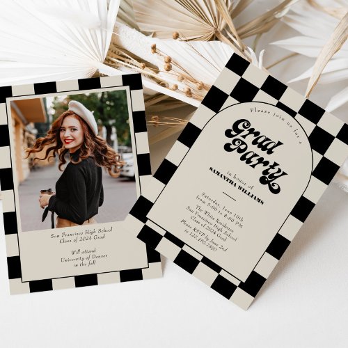 BW Retro Checkered Arch Graduation Party Invitation