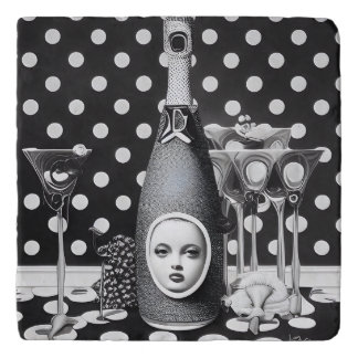B&W Retro Face Champagne Bottle Trivet