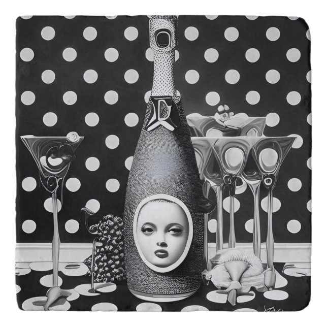 B&W Retro Face Champagne Bottle Trivet (Front)