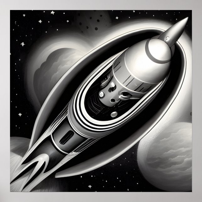 B&W Retro Rocket Poster (Front)