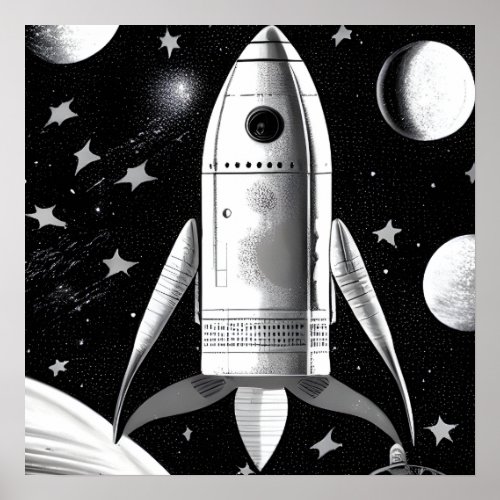 BW Retro Rocket Ship Poster