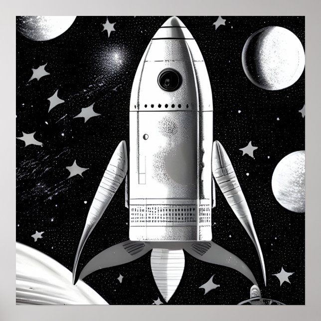 B&W Retro Rocket Ship Poster (Front)