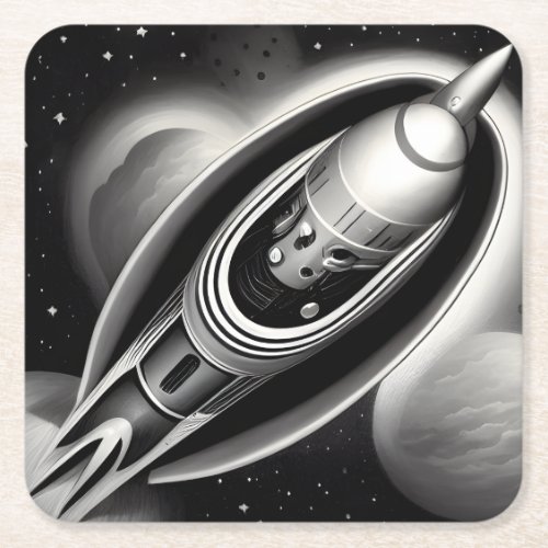 BW Retro Rocket Square Paper Coaster