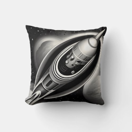 BW Retro Rocket Throw Pillow