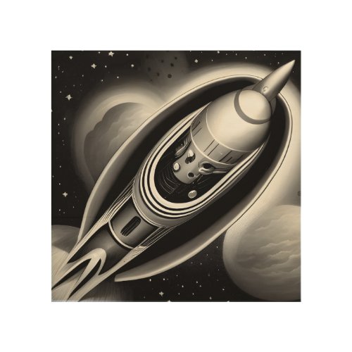 BW Retro Rocket Wood Wall Art