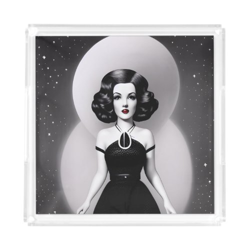 BW Retro Sci_fi Woman Acrylic Tray