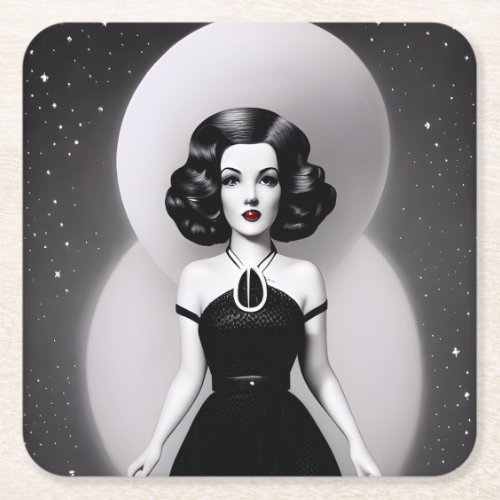 BW Retro Sci_fi Woman Square Paper Coaster