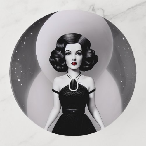 BW Retro Sci_fi Woman Trinket Tray