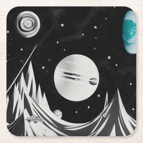 BW Retro Space Planets  Mountains Square Paper Coaster