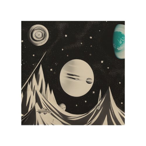 BW Retro Space Planets  Mountains Wood Wall Art