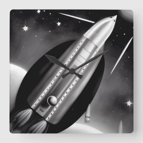 BW Retro Spaceship Square Wall Clock