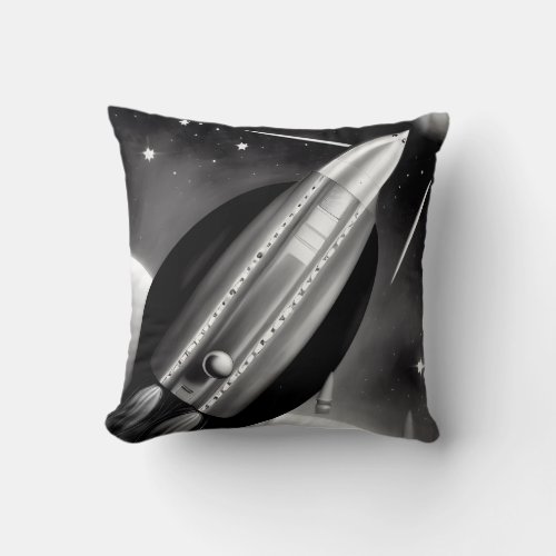 BW Retro Spaceship Throw Pillow