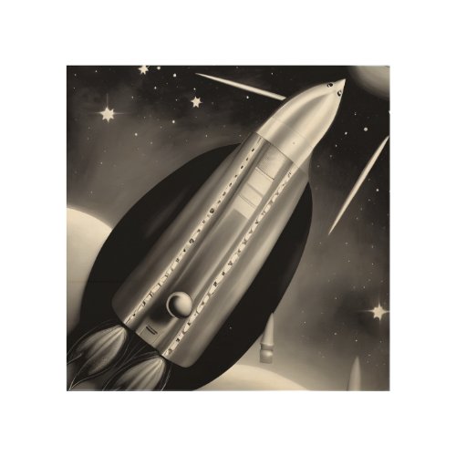 BW Retro Spaceship Wood Wall Art