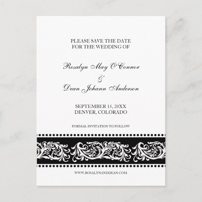 B&W scroll custom wedding save the date flat cards (Front)