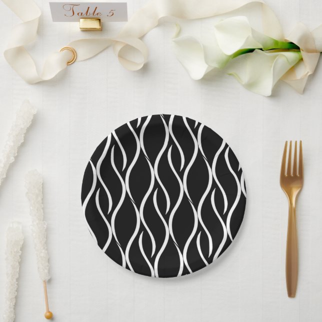 B&W Seamless Wavy Lines Pattern Paper Plates (Wedding)