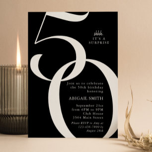B & W Shh It's a Surprise 50th Birthday Party Invitation