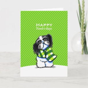 B/w Shih Tzu Scarf Christmas Green Custom Holiday Card