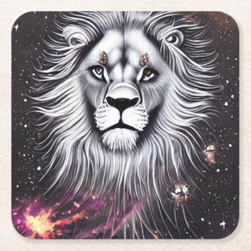 BW Space Lion Head Square Paper Coaster