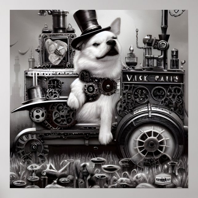 B&W Steampunk Dog & Train Poster (Front)
