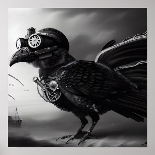 BW Steampunk Robot Bird Poster