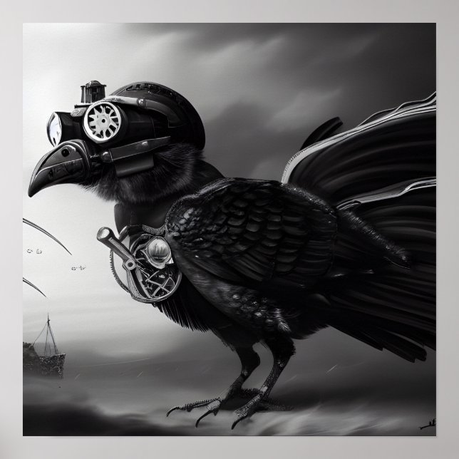 B&W Steampunk Robot Bird Poster (Front)