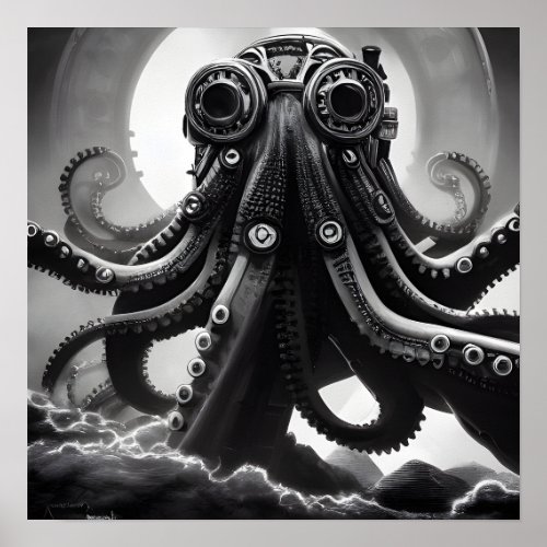 BW Steampunk Robot Octopus  Poster