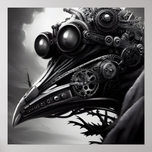 BW Steampunk Robot Raven Poster