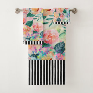 B&W Striped Coral Floral Bath Towel Set