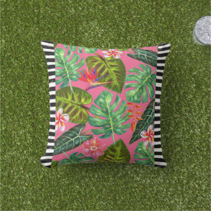 B&W Striped Pink Tropical Throw Pillow