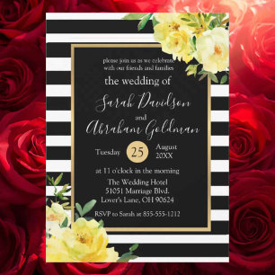 B+W Stripes Flowers Yellow Roses Wedding Invitation