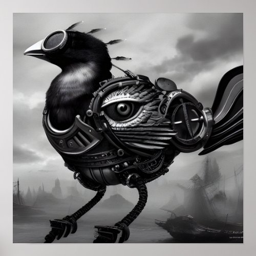 BW Surreal Steampunk Eye Wing Bird Poster