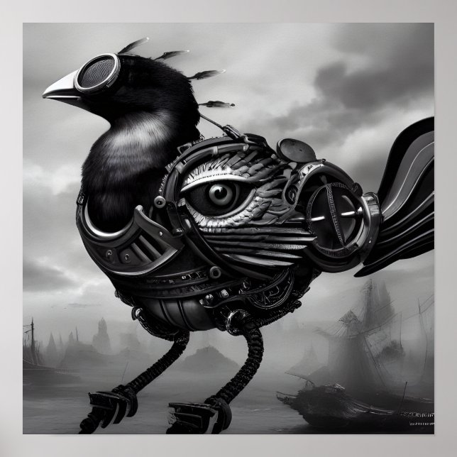 B&W Surreal Steampunk Eye Wing Bird Poster (Front)