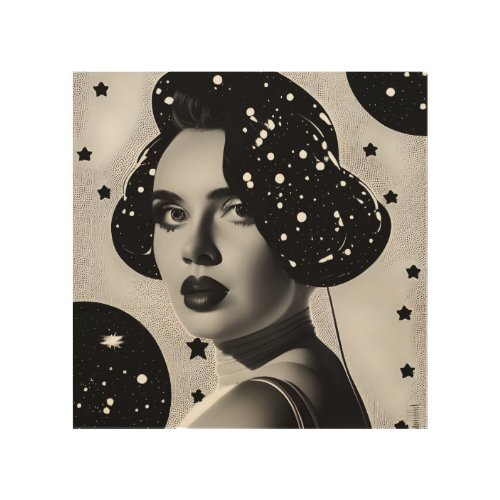 BW Vintage Space Woman Wood Wall Art