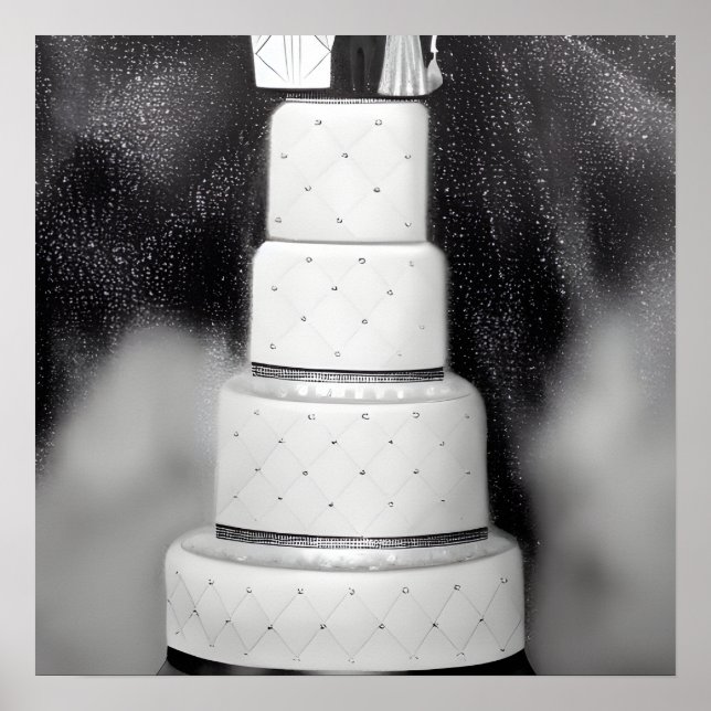 B&W White Retro Wedding Cake Poster (Front)