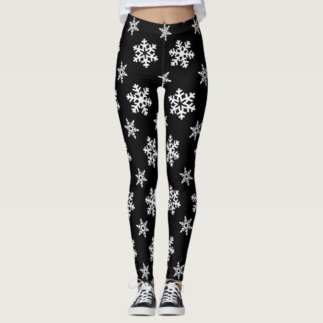 B&W Winter Leggings, White Snowflakes on Black Leggings (Front)
