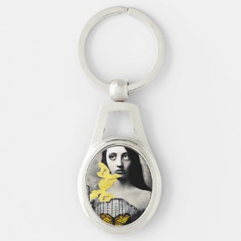 B&w Yellow Vintage Butterfly Girl Keychain by FreeCanary at Zazzle