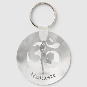 B&W Yoga Instructor Meditation Tree Pose Om Symbol Keychain