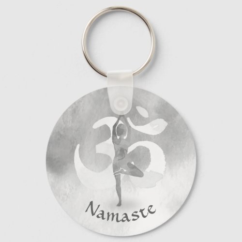 BW Yoga Instructor Meditation Tree Pose Om Symbol Keychain