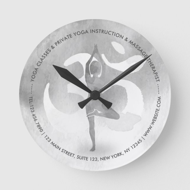 B&W Yoga Instructor Meditation Tree Pose Om Symbol Round Clock (Front)