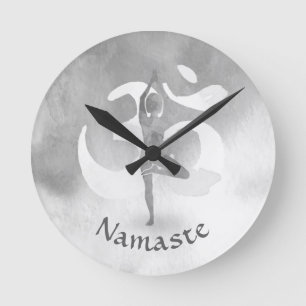 B&W Yoga Instructor Meditation Tree Pose Om Symbol Round Clock