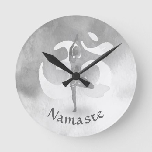 BW Yoga Instructor Meditation Tree Pose Om Symbol Round Clock