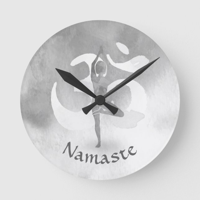 B&W Yoga Instructor Meditation Tree Pose Om Symbol Round Clock (Front)