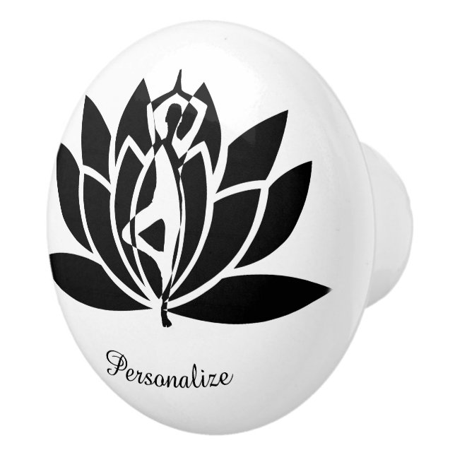 B & W Yoga Zen Lotus Flower Personalize Dresser Ceramic Knob (Right)