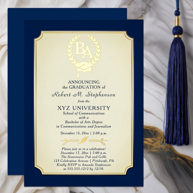 BA - Bachelor of Arts Degree College Graduation Foil Invitation (Elegant "BA" Bachelor of Arts Degree Blue, Ivory and Gold Foil Formal College Graduation Invitation)