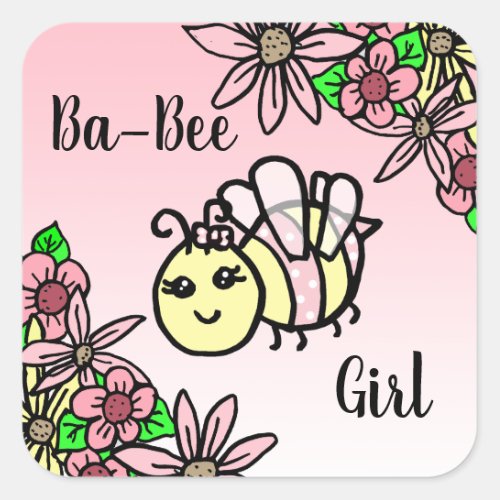 Ba_Bee Girl Honey Bee and Flowers Baby Shower Square Sticker