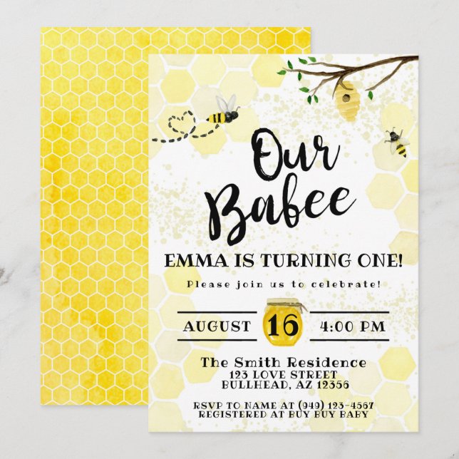 Ba-Bee Honeycomb Bumble Bee 1st Birthday Invitation (Front/Back)